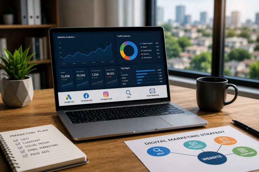 Digital marketing dashboard showing how a website for business in Zimbabwe supports SEO and online advertising